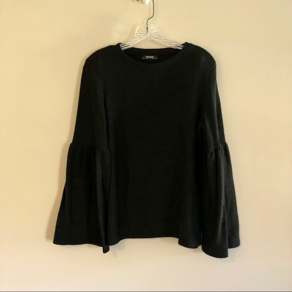 Zara Trafaluc Fuzzy Black Bell Sleeve Crew Neck Sweater